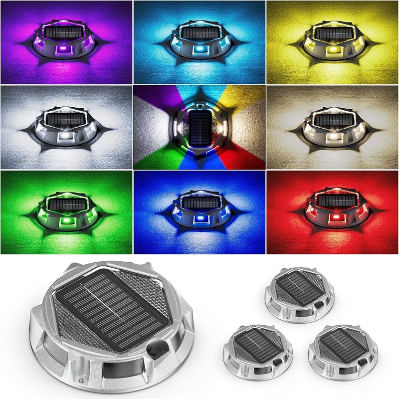 VIODAIM 4Pack Aluminum Alloy Solar Driveway Lights, IP68 Solar Deck Light Marine Dock Lights Outdoor Waterproof, Multi-color LED Driveway Markers for Walkway, Path Decor [12Modes - Strobe/RGB/Fix-color] - Image 1